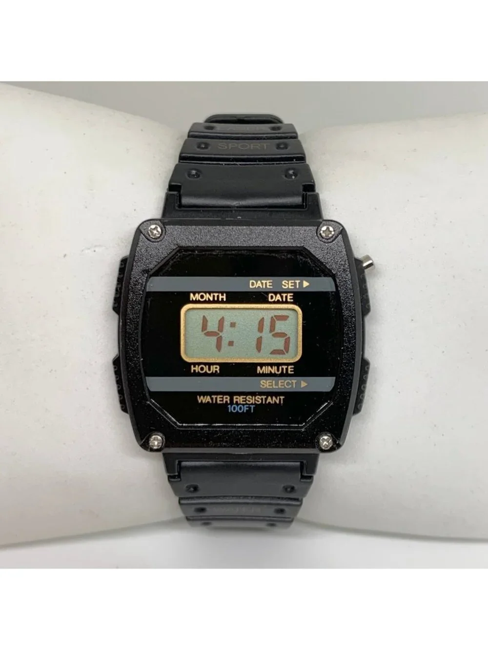 Vintage digital men watch black tone 35mm quartz black plastic band fits running